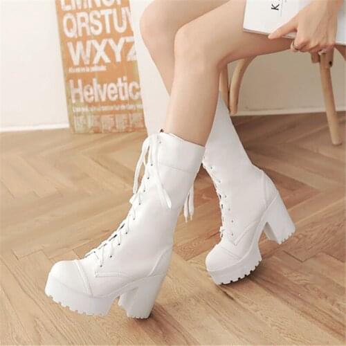 New Fashion chunky White Boots Shoes Lacing Мартин сапоги Female Platform Thick Heel Plus Size Boots High-Leg Boots Women Shoes