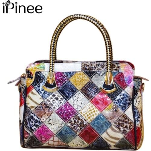 IPinee Brand Handmade Patchwork Designer Female Bags Weaved Handle Shiny Embossed Real Leather Tote Handbags For Women