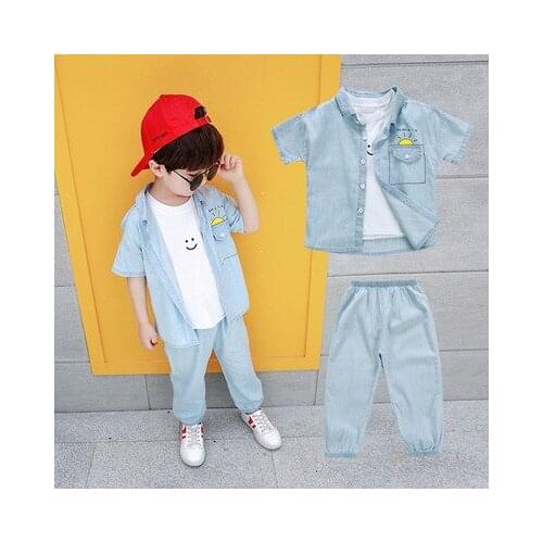 Baby Boys Clothes Sets 2021 Summer New Childrens Cowboy Shirt+white T Shirt+jeans Thin Suits Childrens Cowboy 3pcs Sets 2-8Y