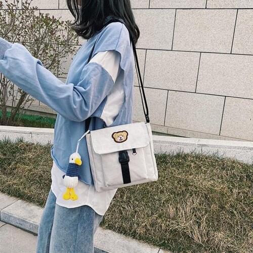 Fashion Korean Women Simple Ulzzang Shoulder Bag Versatile Cute Bear Canvas Messenger Bag Casual Large-capacity Shoulder Bag