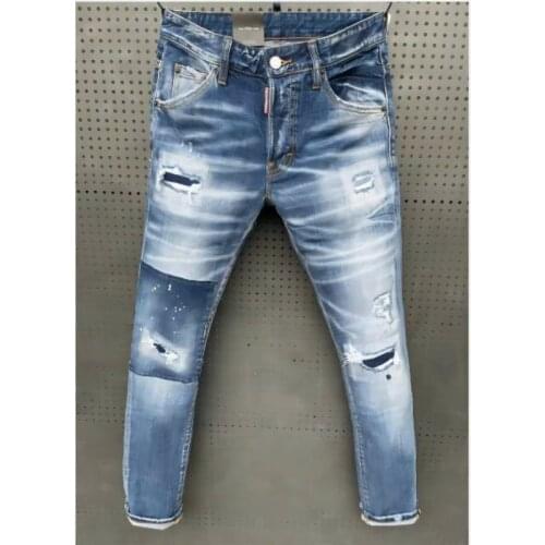 New DSQ2 Mens Skinny Jeans With Ripped Holes And elastic Paint Spray Blue Stitching Beggar Pants 069