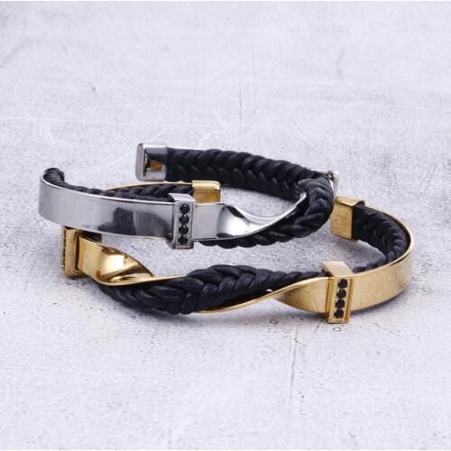 Stainless steel leather bracelet Europe and the United States black titanium steel mens bracelet open leather bracelet jewelry