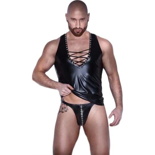 Black Patent Leather Catsuit Top G String Twin Sets Hot Sexy Lingerie for Men Wetlook Spandex Erotic Mens Bodysuit XXL Plus Size