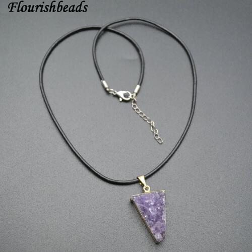 Natural Druzy Amethyst Driangle Shape Stone Pendant Leather Cord Chains Necklace Woman Jewelry