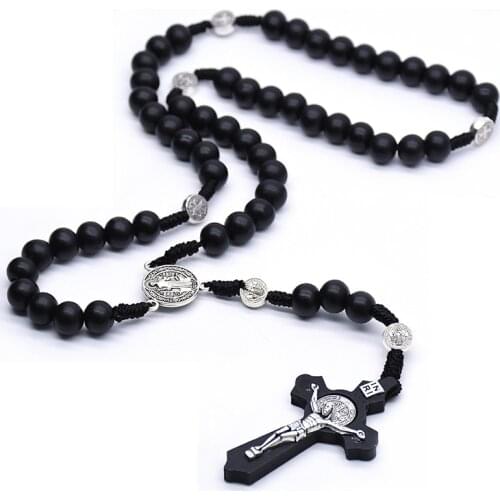 Religious Black Wooden Cross Pendant Rosary Necklaces Jesus Saint Benedict Long Beaded Chain Necklace for Men Women Jewelry