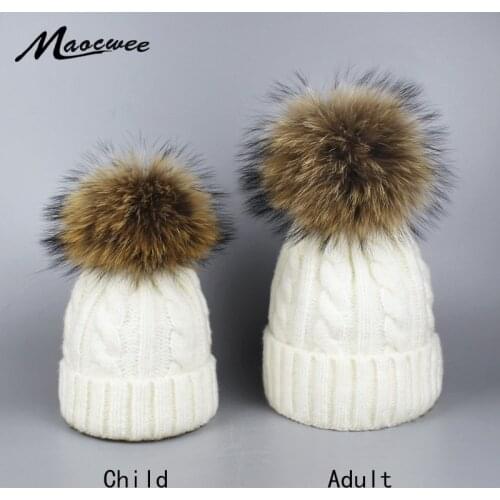 Girls Pom Pom Hats Real Fox Raccoon Fur Pompon Hat Wool Autumn Winter Warm Skullies Caps Hats For Women Children Baby Beanie Hat