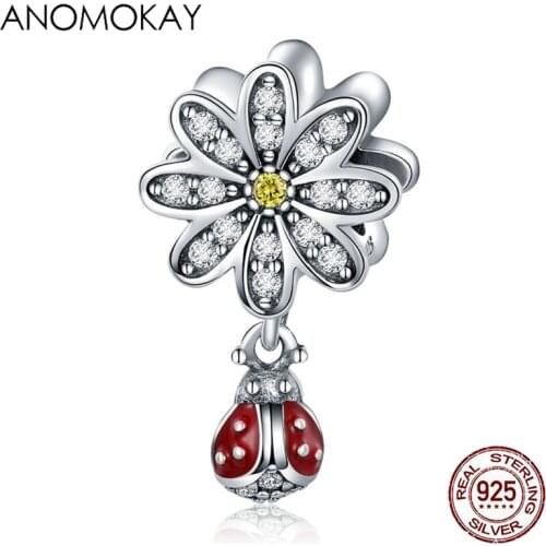 Anomokay Trendy 925 Sterling Silver CZ Daisy Flower Pendant Charm fit Bracelet Necklace Red Ladybug Bead Dangle for DIY Jewelry
