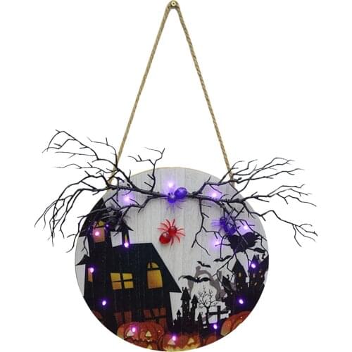 Luminous Wooden Brand Spider Branch Led Halloween Decoration Door Plate Props Dyi Tag For Holiday Party Ornaments Sign