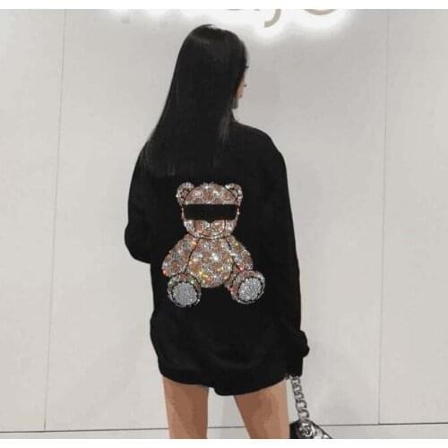 Black New Rhinestones Sweatshirts women Pullover Fashion Slim good quality O Neck long Sleeve girls hoodies Size M-3XL