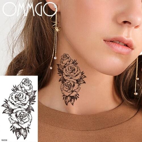 OMMGO Rose Leaf Flower Temporary Tattoos Sticker Flora Fake Tattoos Black Deco Custom Tattoo Body Art Waterproof Camellia Tatoos