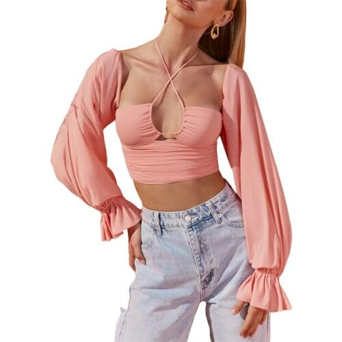 Y2K 2021 Traf Women Solid Color Crop Tops Halter Neck Balloon Sleeves Close-fitting Pullover, Royal Blue/ Pink/ Black