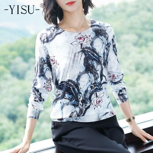 YISU Womens Ink Flowers Printed sweater 2020 Autumn Winter Top Long Sleeve O-Neck Knitted Pullover Loose Jumper sweater Women