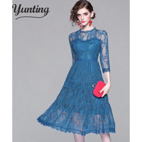 Fashion Designer Runway Dress 2020 Autumn Elegant Womens Casual Bule Lace Dresses