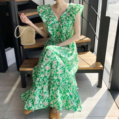 Womens Spring Summer Fashion V Neck Designer Sleeveless Floral Long Dress Female Chic Casual Loose Dress TB699
