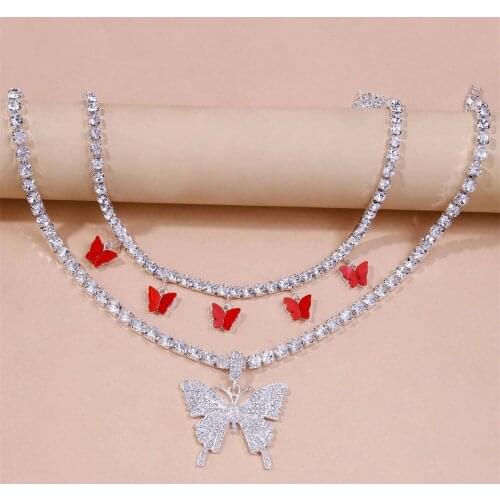 Fashion Multilayer Choker Full Crystal Chain Necklace For Women 2021 Vintage Boho Colorful Butterfly Pendant Sweet Jewelry Gfit