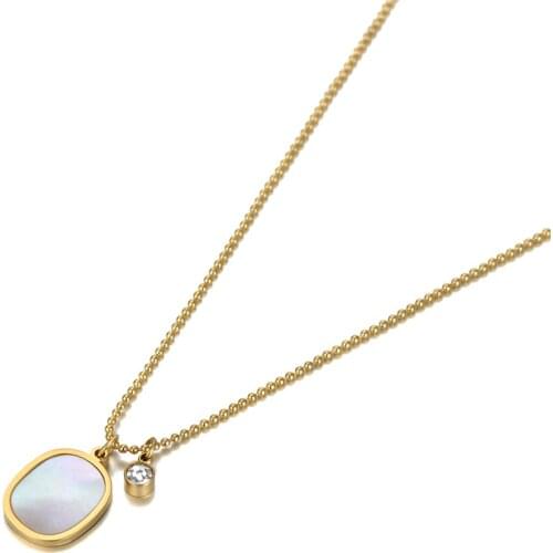 14K Gold Shell Oval Tag CZ Crystal Charm Pendant Necklaces For Women Trendy Stainless Steel Choker Necklace N20174