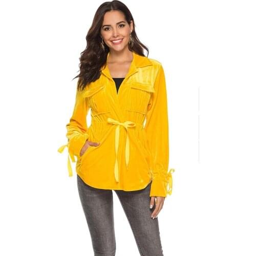 NORA TWIPS Yellow Women Casual Coat Elegant Turn-down Collar Belt Slim Velvet Highstreet Coat Autumn Women Minimalist Clothes