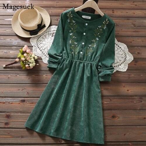 New Spring Long Sleeve Mini Dress Women Floral Embroidery Corduroy Party Dress Vintage A-line Casual Female Dresses Vestido 7425