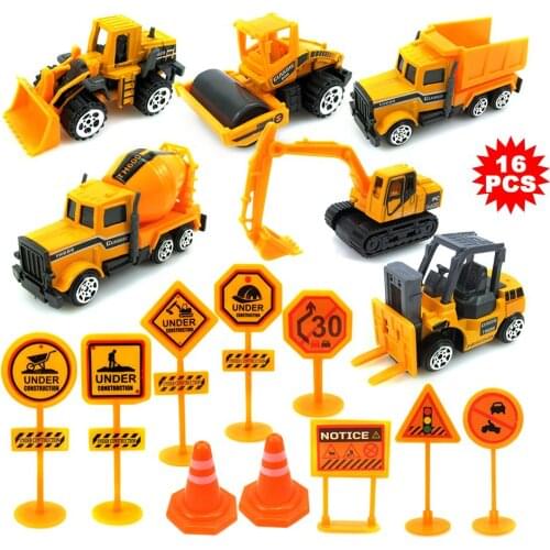 16PCS Mini Alloy Construction Vehicle Engineering Car Tractor Dump Truck Model Vehicles with Traffic Sign
