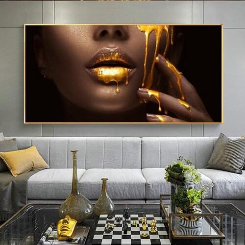 Black Women Face with Golden Liquid Canvas Poster Large Size Modern Wall Art Canvas Pictures for Modern Living Room Home Decor