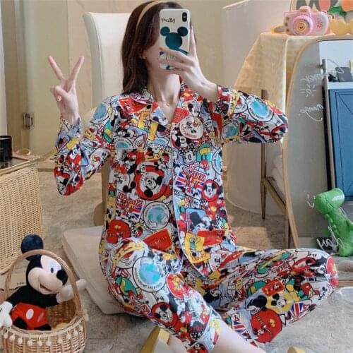 Disney Spring and Autumn Cartoon Lapel Cardigan Long-Sleeved Pajamas Casual Cute Student Ladies Cardigan Home Service Set