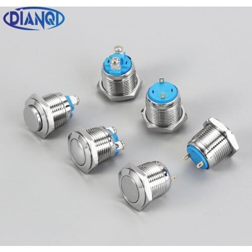16mm Metal Push Button Switch IP67 Waterproof Nickel plated brass press button Self-reset 1NO FlatRound Momentary Pin and screw