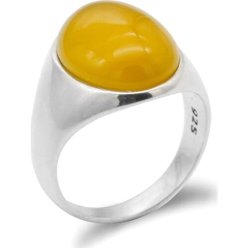 Turkish Men Ring 925 Sterling Silver Natural Yellow Onyx Stone Thai Silver Simple Finger Ring for Man Women Fashion Jewelry