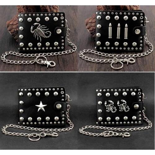 Mens Boys Studded Punk Rocker Leather Bifold Card Holder Wallet with chain