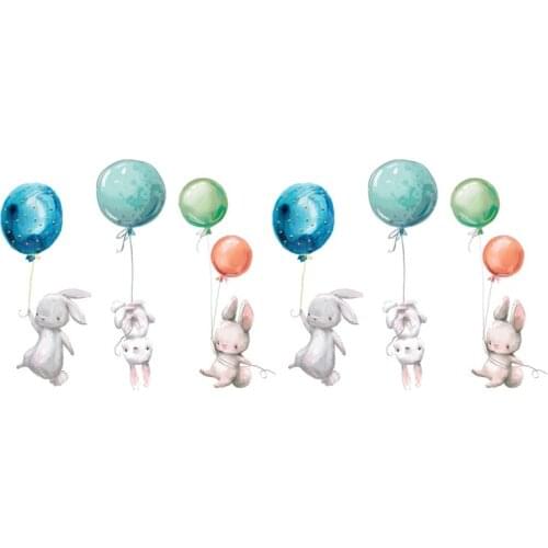 2PCS Colorful Balloon Rabbits Wall Stickers for Kids Bedroom Decoration Grey Bunny Children Nursery Wall Decal
