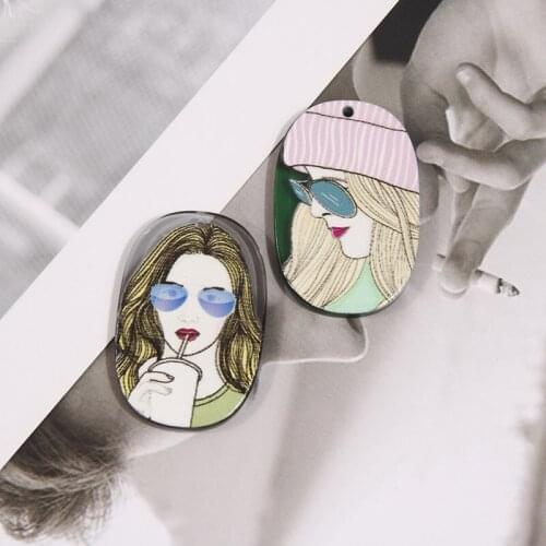 Newest 30pcs/lot cartoonn girls pattern print geometry Irregular ellipse ovals shape acrylic beads diy jewelry earring accessory