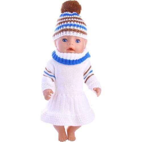 Doll Clothes 3 Pcs Handmade Doll White Sweater Dress+Scarf+Hat Fit 18 Inch American Doll &43 Cm New Born Clothes