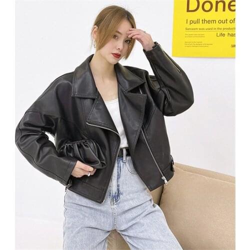 Autumn Korean Short Faux PU Leather Jacket Coffee Color Beige Black Loose Casual Lapel Long Sleeve Biker Jacket Mujer Chaqueta