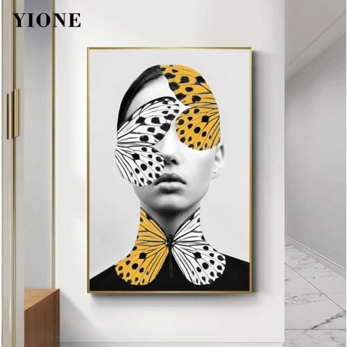 Vogue Figure Canvas Painting Custom Modern Art Poster Woman with Butterfly Face Picture on the Wall Decoration Prints for Living