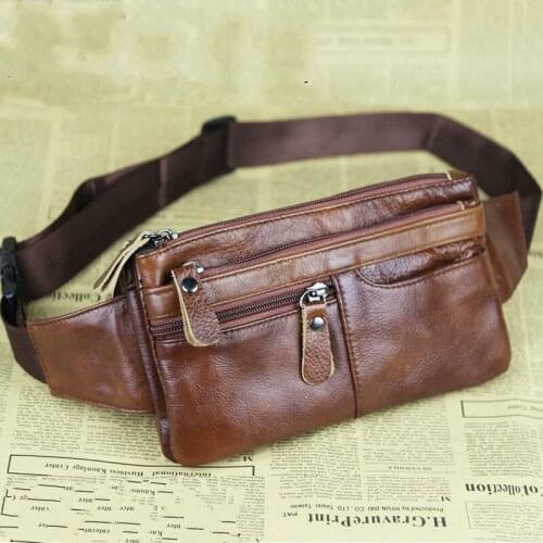 Men Genuine Leather Waist Bag Cow Leather Black Chest Bags Fanny Pack Men Vintage Belt Bag Multifunction 6 Inch Phone Change Bag