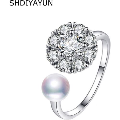 SHDIYAYUN New Fine Hot Pearl Ring Rotate Zircon Natural Freshwater Pearl Jewelry Diamond Spinning 925 Silver Rings For Women