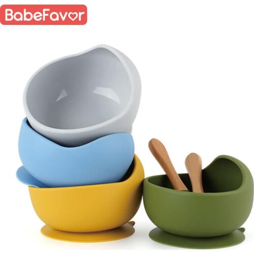 Silicone Baby Feeding Bowl Set Tableware Waterproof Non-silp Suction Bowl Wooden Handle Spoon Fork for Baby Kitchenware Stuff