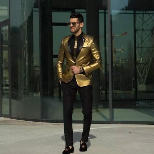 2019 Custom Made Gold Wedding Suits Fashion Two Pieces Groomsmen Tuxedos Slim Fit Cheap Prom Party Suits Men Suit (Jacket+Pant)