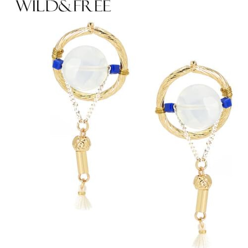 WILD & FREE Women Natural Stone Drop Earrings Vintage Gold Dream Catcher Tassel Pendant Earrings for Women Jewelry Gift