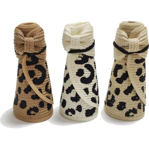 WZCX Leopard Collapsible Sun Protection Wide Brim Straw Hat Fashion New Beach Hat Sun Visor Summer Women Cap