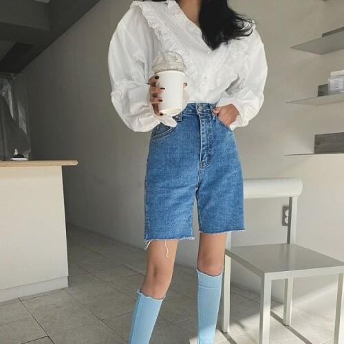 Jamiela Casual Summer Half Denim Shorts for Women High Waist Loose Pockets Female Straight Jeans Shorts 2021 Ladies Streetwear
