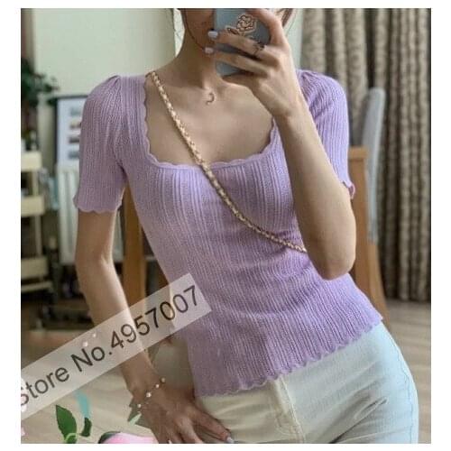 Ladies Short Sleeve Knitted Sweater Jumper Top Outerwear With U-sharp Detail