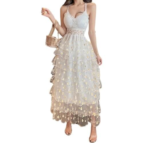 2021 New Sexy Lace Patchwork Woman Dress Hollow Backless Spaghetti Strap Daisy Printting Layered Ruffle Cake Dresses Women