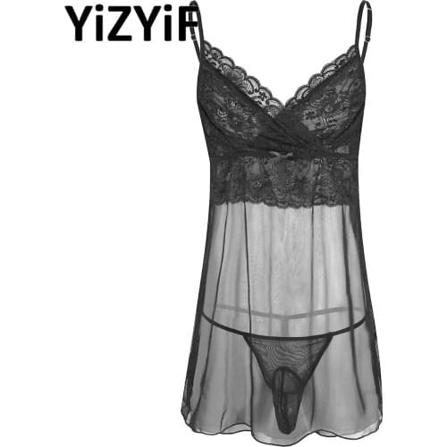 2Pcs Mens Sissy Mesh Mini Dress Set Sexy V-Neck Night Dress with Closed Sheath G-String Nightwear Lingerie Set