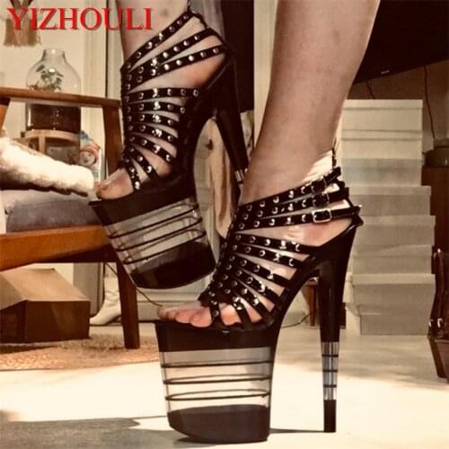 8-inch, sexy rivet vamp trim, high-heeled steel tube dance shoes, ladies' 20cm Roman striped platform sandals