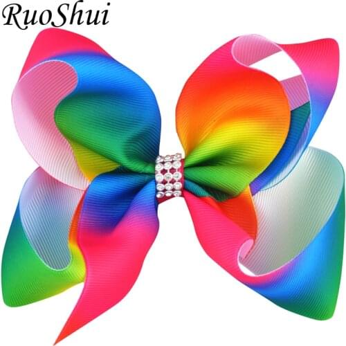 6 Inch Large Hair Bows Leopard Print Rainbow Rhinestones Alligator Clip Girls Hair Accessories Grosgrain Ribbon Bowknot Headwear