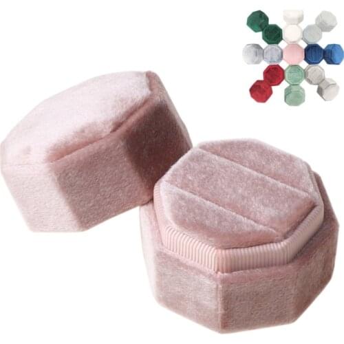 Velvet Double Ring Box Octagon Wedding Ceremony Ring Box with Detachable Lid P0RF