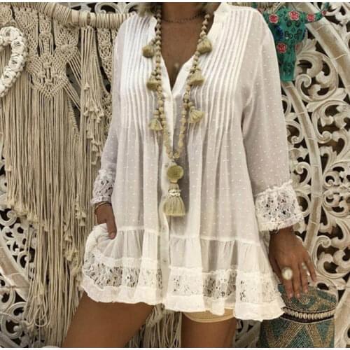 Plus Size Lace Hollow Out Blouses Shirts Casual V Neck Long Sleeve Female Tunic Loose Dot Baggy Autumn Womens Tops And Blouses