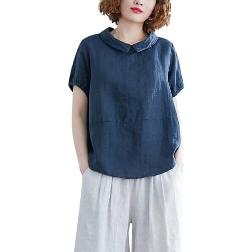Oversized Loose Cotton Linen Women Blouse 2020 Summer New Turn-Down Collar Solid Female Pulls Tops Tees