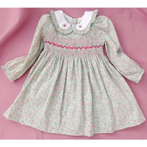 Kids Girls Smocking Dresses Long Sleeve Floral Princess Dresses For Girls Baptism Floral Print Clothes Party Dresses For Girl