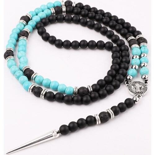 High Quality 28Inches New Design Natural Stone Tiger Eye Turquoise Zinc Alloy Pendant Beaded Long Necklace Men